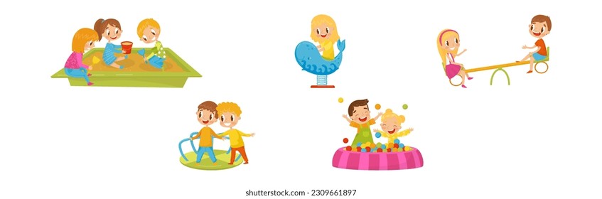 Energetic Boy and Girl Playing in Playground Vector Set