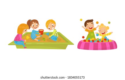 Energetic Boy and Girl Playing in Sandbox and with Balls on Playground Vector Set