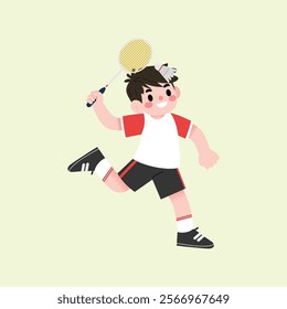 Energetic Boy Playing Badminton Active Child with Racket and Shuttlecock Cartoon Illustration