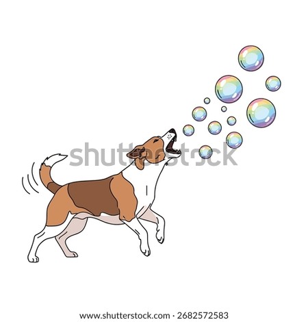 Energetic brown and white dog leaping and barking at colorful, floating bubbles. Dynamic vector illustration of playful outdoor fun.