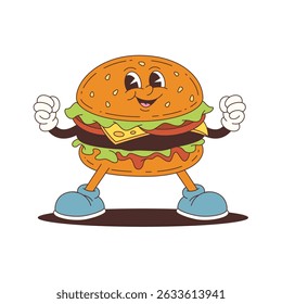 Energetic burger mascot with smiling face, cheese, lettuce, and sauce, standing confidently in sneakers and raising fists. Ideal for marketing, branding and creative food graphics. Vector illustration