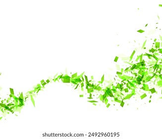 An energetic burst of green confetti pieces, creating a dynamic and festive atmosphere, symbolizing celebration, growth, and vitality on a white backdrop.