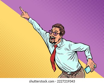 Energetic business leader makes a presentation. The hand points to the background. Successful career. Pop art retro vector illustration kitsch vintage 50s 60s style