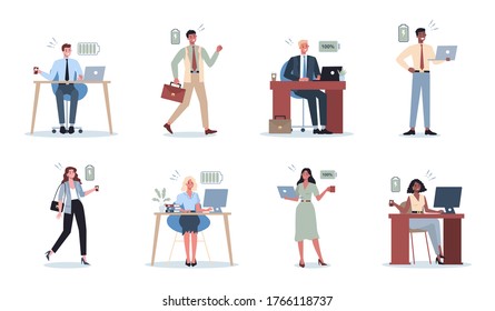 Energetic Business Man And Woman Set. Full Of Energy Business People. Professional Productivity And Enthusiasm. Vector Illustration In Cartoon Style