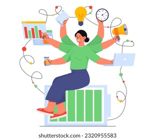 Energetic business woman concept. Young girl with many hands performs many tasks. Entrepreneur analyzes charts, moves goods and communicates with customers. Cartoon flat vector illustration