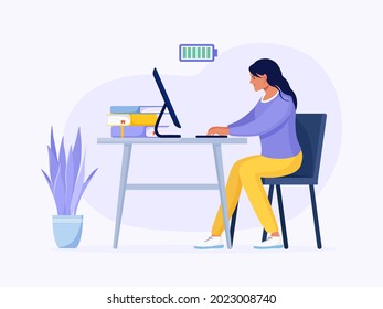 Energetic business woman working at table with computer. Fully charged active girl. Mentally healthy employee. Battery Full of energy. Professional productivity, motivation and enthusiasm