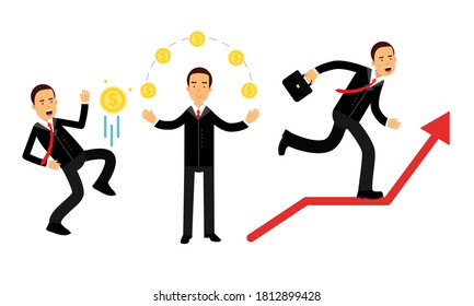 Energetic Businessman in Black Suit Juggling with Golden Coins and Running Up the Arrow Vector Illustration Set