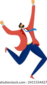 Energetic businessman jumping with a fist in the air. Victory celebration, success and achievement. Happy office worker celebrating win vector illustration.