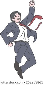 Energetic Businessman Jumping with Hands Raised