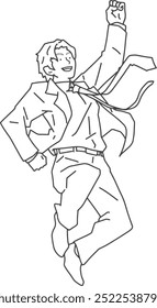 Energetic Businessman Jumping with Hands Raised