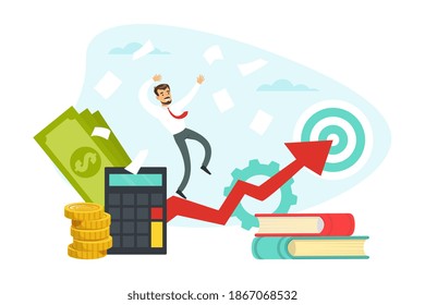 Energetic Businessman with Red Tie Running Up the Arrow Vector Illustration