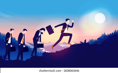 Energetic businessman running to success - Man running energetic from other tired employees, feeling motivated and determined. Career competition concept. Vector illustration.