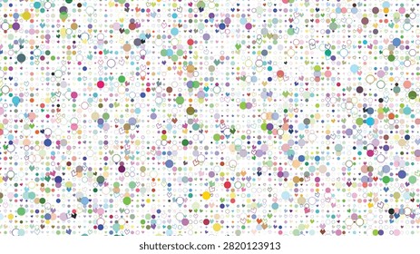 An energetic and captivating fullframe display of diverse tiny shapes and vibrant circles creating an intricate, joyful, and visually stimulating texture.