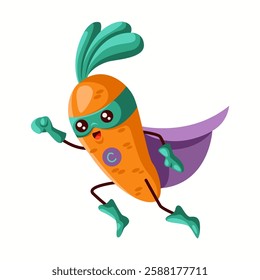 Energetic carrot superhero with a green mask and purple cape, running forward. A cheerful and lively vegetable character perfect for kids' illustrations and healthy food branding.