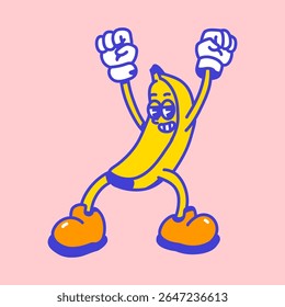 Energetic cartoon banana character with retro design and vibrant colors. Great for sticker sets, children’s illustrations, and fun print materials.