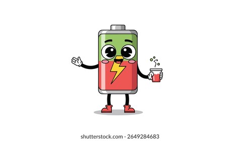 Energetic Cartoon Battery Character Holding a Refreshing Drink and Giving a Thumbs Up