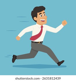 Energetic cartoon businessman running in office attire on blue background with motion lines and red tie. Vector illustration. Speed, motivation, and urgency.