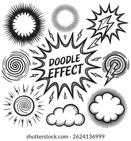 Energetic Cartoon Doodle Vector Elements – Comic Boom Shapes, Motion Lines, Electric Effects, Puff Clouds and Swirls on White Background	