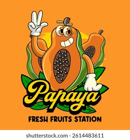 Energetic cartoon papaya character with raised fists, smiling proudly among tropical flowers. A fun and vibrant design perfect for summer, juice brands, or healthy lifestyle graphics.
