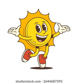 Energetic cartoon sun character with gloves and sneakers jumping with arms wide open and joyful expression. Great for summer designs, kids’ content, posters, and branding. Vector illustration