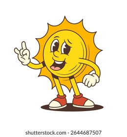 Energetic cartoon sun mascot in vintage style smiling and showing rock sign with hand. Perfect for music-themed content, branding, and children’s illustrations. Vector illustration