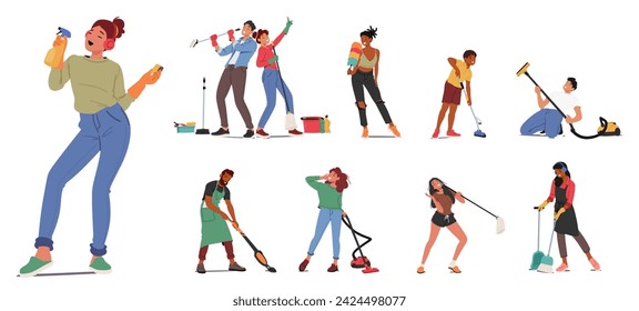 Energetic Characters Groove And Scrub, Tunes Filling The Air. Dusting, Mopping, And Joyous Beats Harmonize As They Transform Chores Into A Dance Of Cleanliness And Rhythm. Cartoon People Vector Set