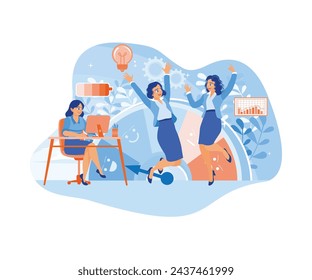 Energetic and cheerful businesswoman working with passion. Mentally healthy employees. Stress Levels concept. Flat vector illustration.