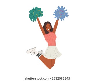 Energetic cheerful cheerleader in mid-jump. Her arms are raised high, holding pom-poms. dressed in a pink sleeveless top and a white skirt,shown in an energetic and joyful pose, radiating enthusiasm