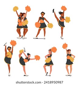 Energetic Cheerleader Characters In Uniform, Wield Pompoms Radiating Contagious Enthusiasm, Epitomize Team Spirit, Igniting Cheers With A Captivating Blend Of Grace And Exuberance. Vector Illustration