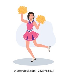 Energetic cheerleader girl in a bright uniform holding pom poms. Ideal for Fun and Sporty Projects.