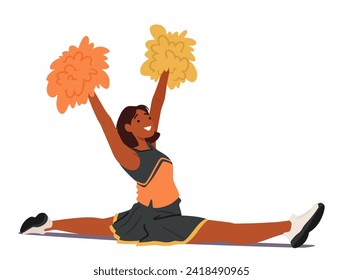 Energetic Cheerleader Girl Character, Pompoms Aglow, Dazzles With A Flawless Split. Vibrant Spirit, Impeccable Form, a Burst Of Athletic Prowess And School Pride In Motion. Cartoon Vector Illustration