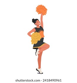 Energetic Cheerleader Girl Character In Vibrant Uniform, Twirls Pompoms With Enthusiasm. Radiant Smile, Contagious Energy, And Dynamic Moves Light Up The Crowd, Embodying Team Spirit And Pep, Vector