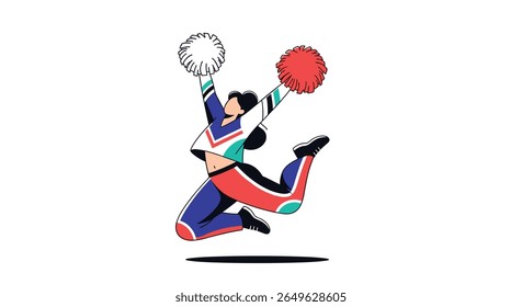 Energetic cheerleader performing a dynamic mid-air leap with pompoms displaying vibrant athleticism and sporting enthusiasm