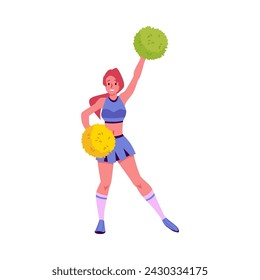 Energetic cheerleader pose. Vector illustration of a smiling cheerleader holding up green and yellow pom-poms in a confident stance