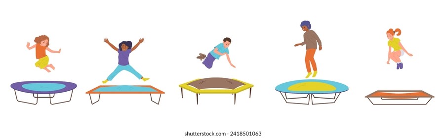 Energetic children cartoon character jumping trampoline having leisure fun doing acrobatic tricks