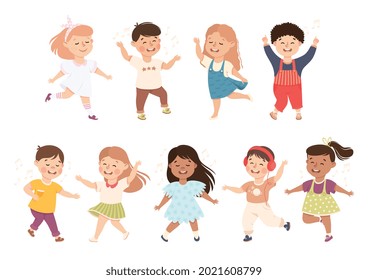 Energetic Children Dancing Moving to Music Rythm Vector Set