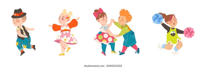 Energetic Niños Bailando Mudándose a la Música Ritmo Vector Set