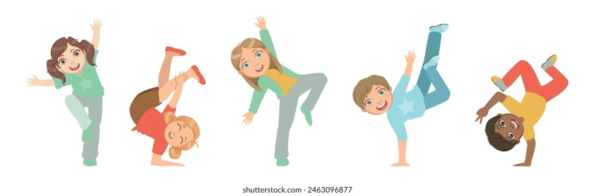 Energetic Children Dancing Moving to Music Rhythm Vector Set