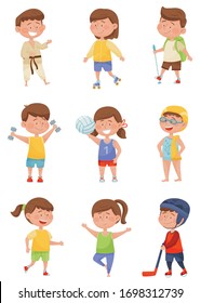 Energetic Children Doing Different Kind of Sport Vector Illustrations Set