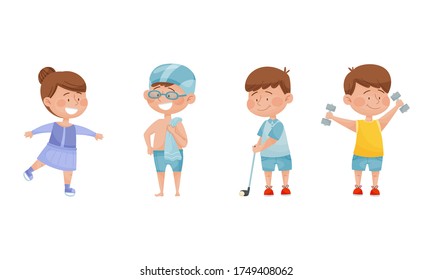 Energetic Children Doing Different Kind of Sport Vector Illustrations Set