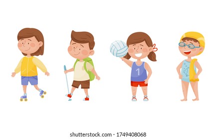 Energetic Children Doing Different Kind of Sport Vector Illustrations Set