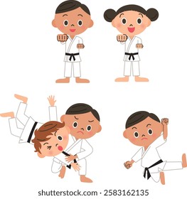 Energetic children doing martial arts at school or as extracurricular activities