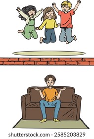 Energetic Children Jumping While a Parent Looks Confused - Parenting Challenges Illustration
