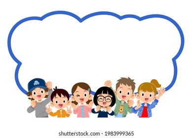 Energetic children's upper body and speech bubbles