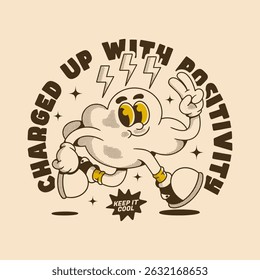 Energetic cloud cartoon walking with peace and confidence in a retro style