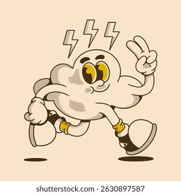 Energetic cloud character with lightning bolts and peace sign in retro cartoon style