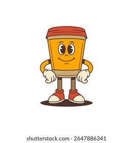 Energetic coffee cup mascot with expressive eyes and a cheerful smile. Character stands confidently with fists on hips, perfect for branding, advertising, social media, and coffee shop promotions