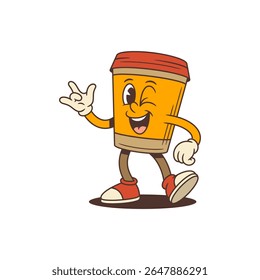 Mascote energético da xícara de café com corpo alaranjado e tampa vermelha na pose de caminhada dinâmica. Apresenta piscadela lúdica, largo sorriso e gesto de rock na mão transmitindo confiança e simpatia. Ilustração vetorial.