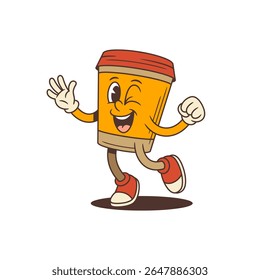 Energetic coffee cup mascot with orange body and red lid in dynamic walking pose. Features playful wink, friendly wave. Ideal for branding, marketing, and social media campaigns. Vector illustration