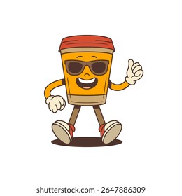 Energetic coffee cup mascot with orange body and dark sunglasses, striking a confident pose with thumbs-up and fist gestures. Perfect for branding and social media projects. Vector illustration